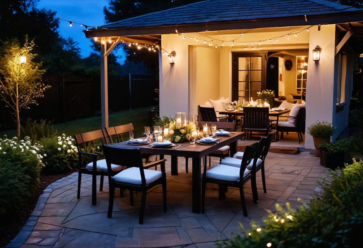 A cozy romantic retreat featuring a beautifully set outdoor dining table with flickering candlelight, surrounded by lush greenery and soft fairy lights. In the background, a warm, inviting fire pit with plush cushions, and a starry night sky above, creating an intimate atmosphere. Include delicate flower arrangements and a bottle of wine elegantly displayed. soft focus. warm tones. painting.