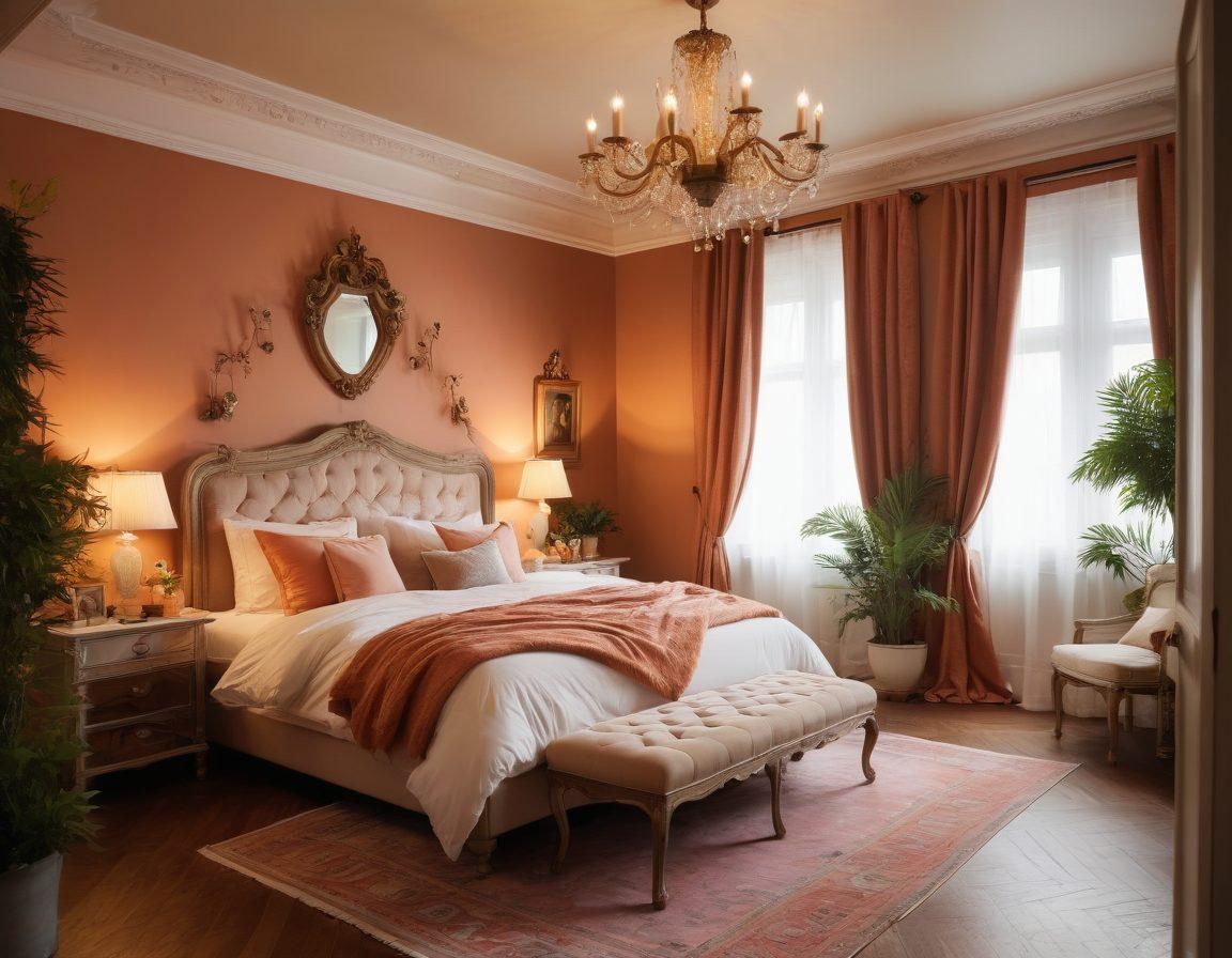 A cozy, dimly-lit bedroom decorated with soft, rich fabrics and romantic candles, featuring a large plush bed surrounded by lush plants and twinkling fairy lights. Include elegant details such as ornate mirrors and tasteful artwork that evokes passion. The scene should exude warmth and intimacy, inviting the viewer to envision a perfect romantic retreat. super-realistic. warm colors. soft focus.