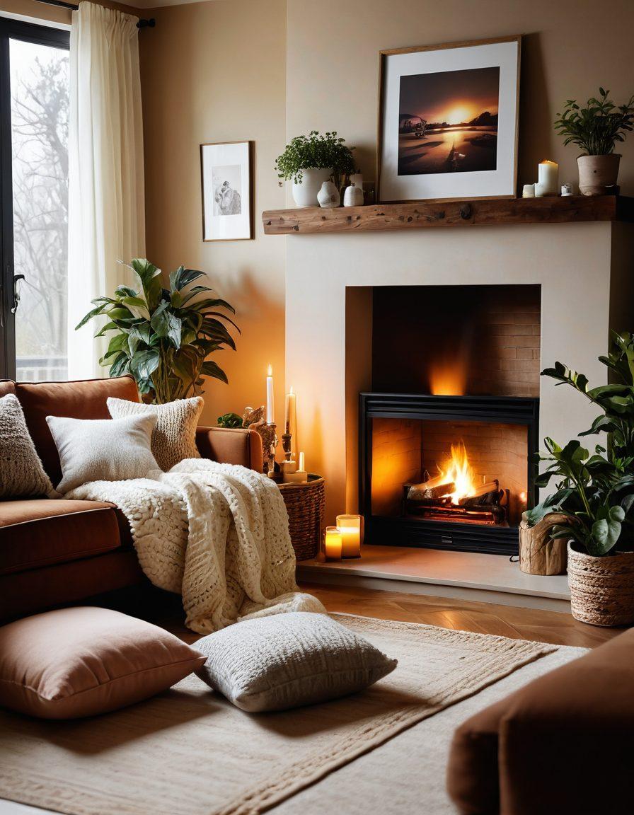 A cozy and inviting interior scene showcasing a living room filled with soft textures, warm lighting, and personal touches like framed family photos and handmade crafts. Elements such as plush cushions, a knitted throw, and houseplants should create a nurturing ambiance that embodies affection and closeness. A gentle glow from a fireplace or candles enhances the warmth of the nest. super-realistic. warm colors. soft focus.